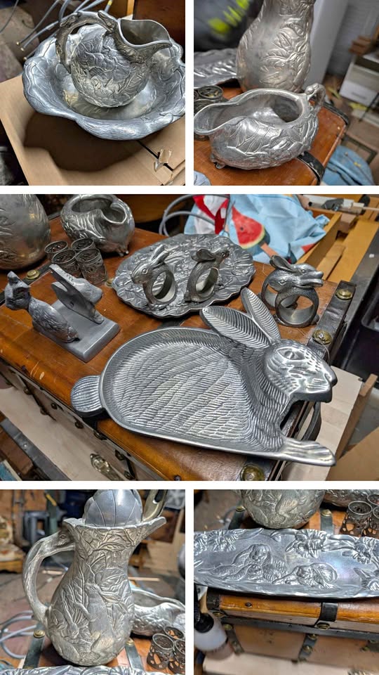 Arthur Court Rabbit Collection.  Gravy bowl, pitcher, platter, cutting board, napkin holders, bowl+